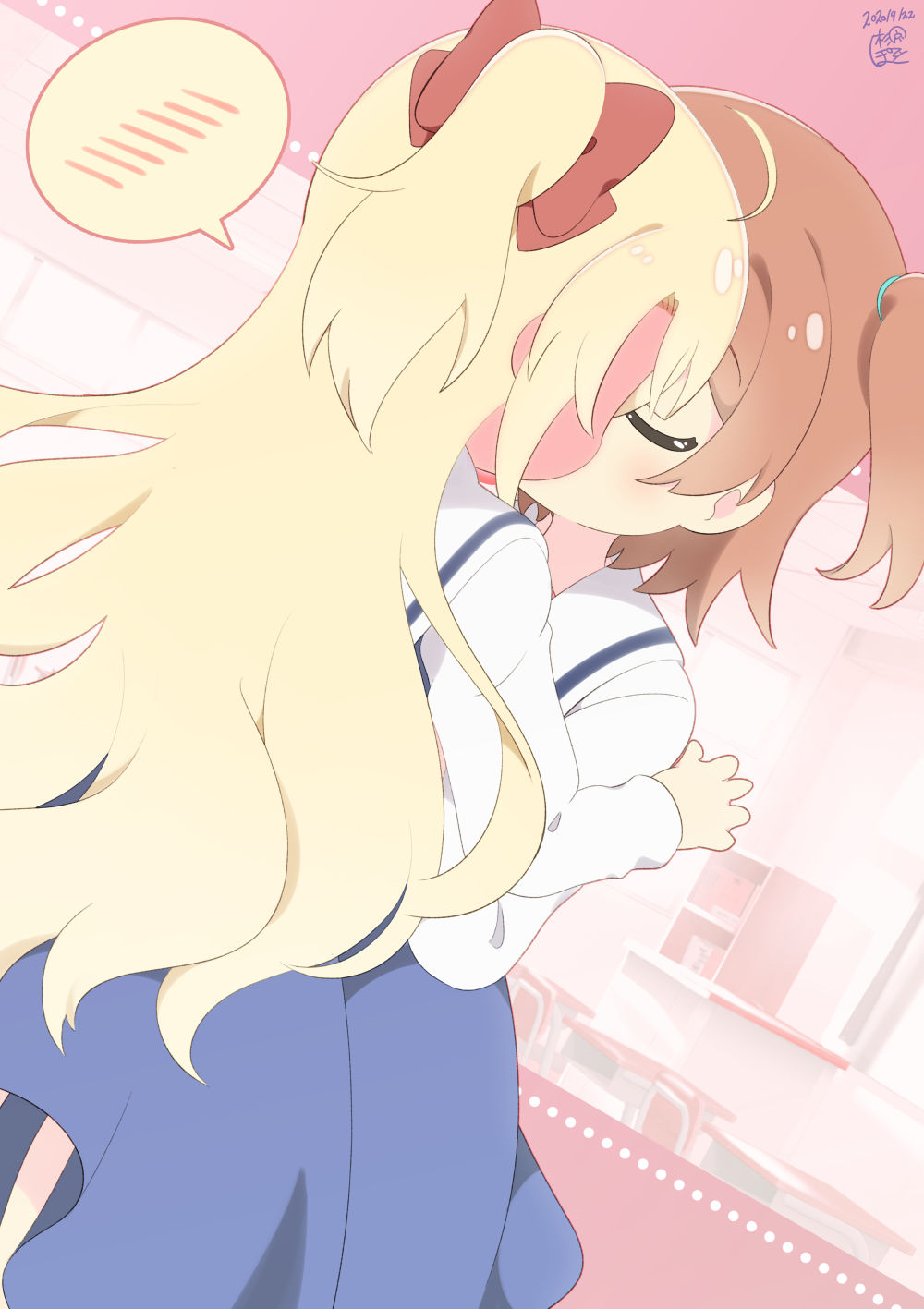 2girls, aosora_neko, blonde_hair, blouse, blush, brown_hair, closed_eyes, dated, dress, hair_ribbon, highres, himesaka_noa, hoshino_hinata, kiss, long_hair, multiple_girls, pinafore_dress, ponytail, ribbon, school_uniform, shirt, sleeveless, sleeveless_dress, speech_bubble, spoken_blush, very_long_hair, watashi_ni_tenshi_ga_maiorita!, white_shirt, yuri