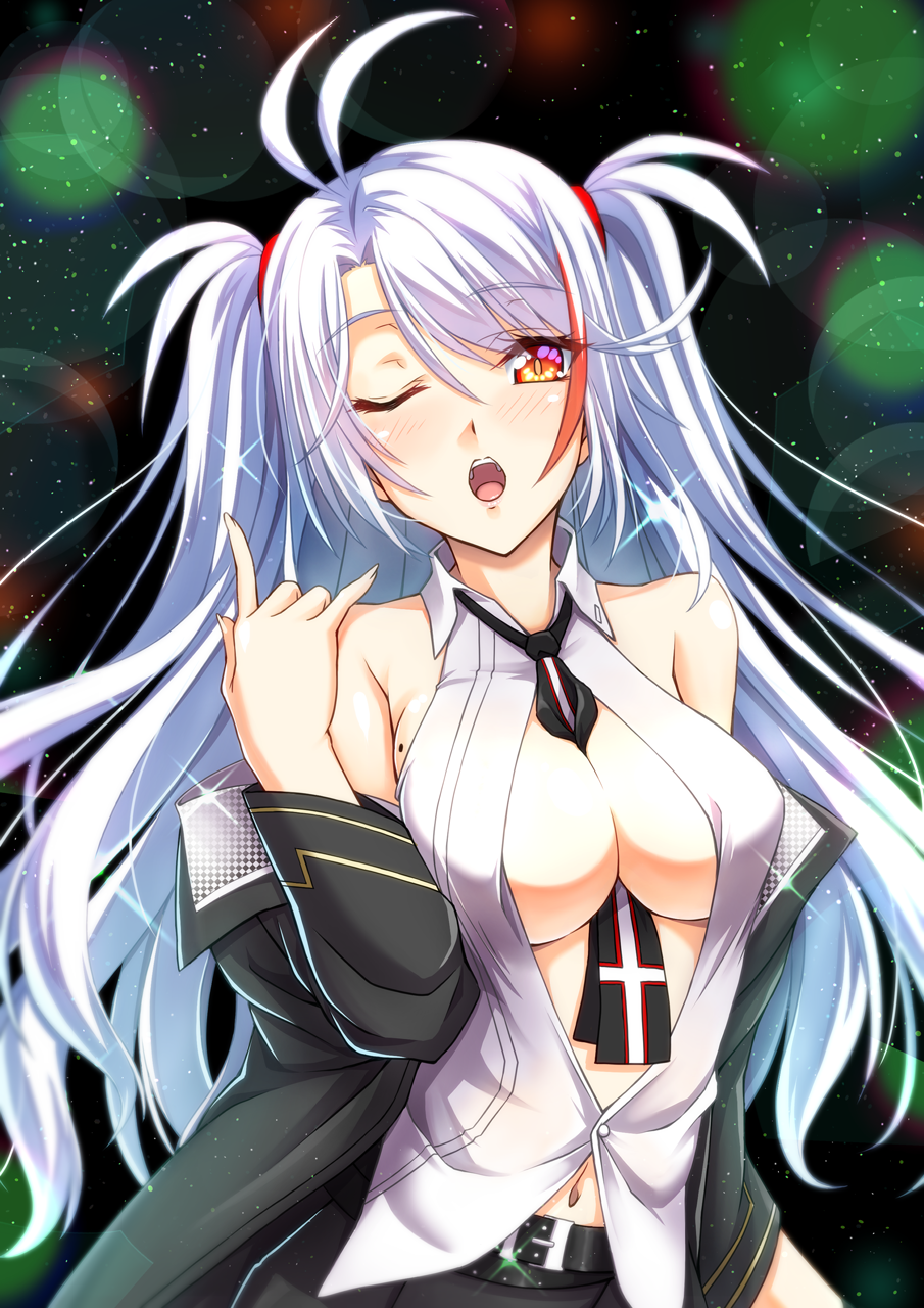 1girl, admiral_hipper_(azur_lane), admiral_hipper_(azur_lane)_(cosplay), admiral_hipper_(muse)_(azur_lane), antenna_hair, azur_lane, bare_shoulders, belt, between_breasts, black_jacket, blush, breasts, cleavage, collared_shirt, cosplay, gekato, head_tilt, highres, jacket, large_breasts, long_hair, long_sleeves, looking_at_viewer, mole, mole_on_breast, multicolored_hair, navel, necktie, off-shoulder_jacket, off_shoulder, one_eye_closed, open_mouth, orange_eyes, prinz_eugen_(azur_lane), red_hair, shirt, silver_hair, sleeveless, sleeveless_shirt, solo, sparkle, streaked_hair, swept_bangs, two_side_up, very_long_hair, white_shirt