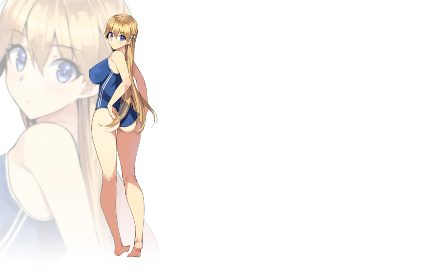 1girl, adjusting_clothes, adjusting_swimsuit, ass, barefoot, blonde_hair, blue_eyes, bow