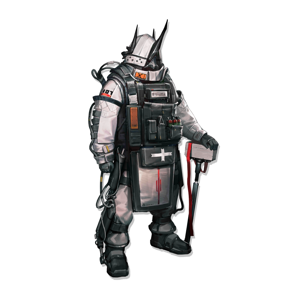 1other, arknights, armor, black_boots, boots, full_body, hammer, jacket