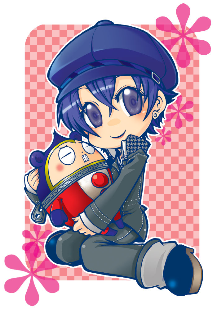 1boy, 1girl, androgynous, atlus, blue_eyes, blue_hair, blush, newsboy_cap