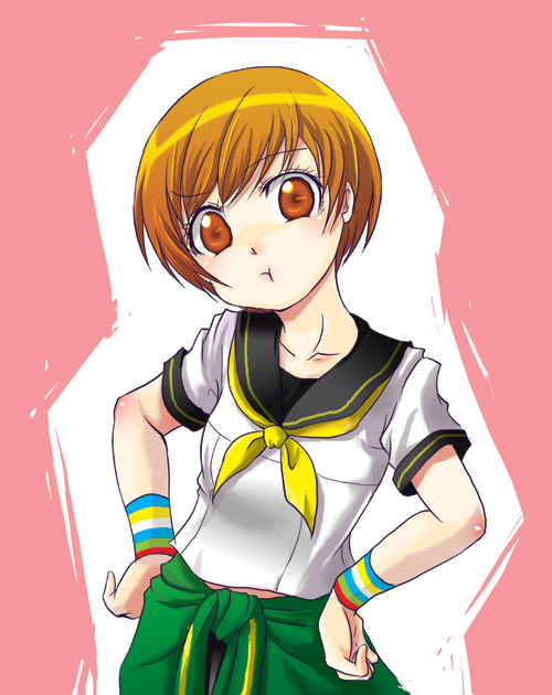 1girl, angry, atlus, brown_eyes, brown_hair, female_focus, jacket, persona, persona_4, satonaka_chie, school_uniform, seia_megumu, seia_megumu_(pixiv), short_hair, solo, tomboy, wristband