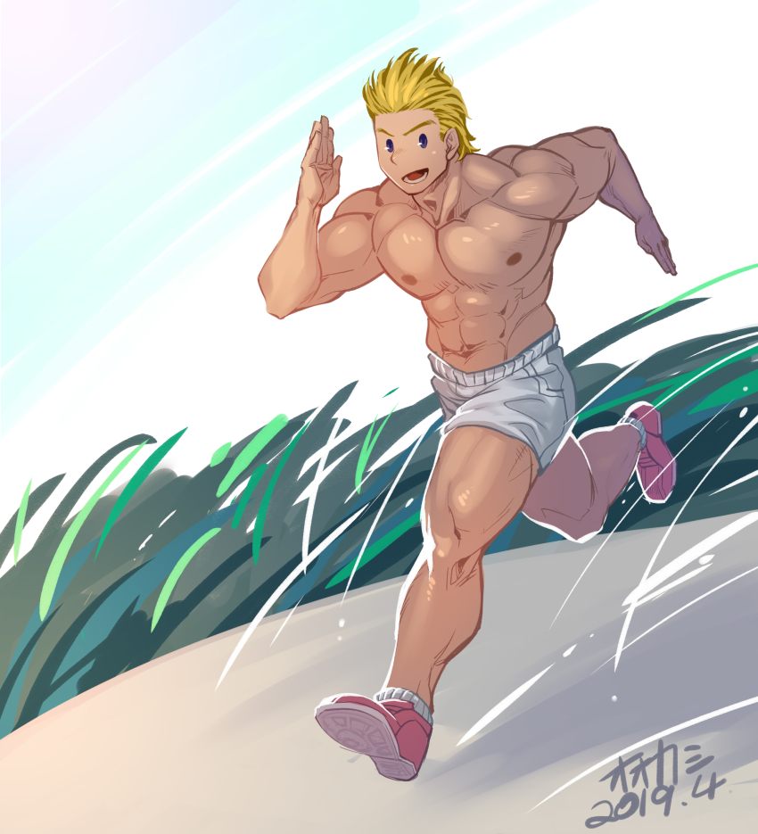 1boy, abs, bara, blonde_hair, blue_eyes, boku_no_hero_academia, full_body, highres, large_pectorals, looking_at_viewer, lrpanda00, male_focus, muscular, muscular_legs, navel, nipples, open_mouth, pectorals, running, short_hair, shorts, smile, solo, thighs, togata_mirio, topless_male, white_shorts