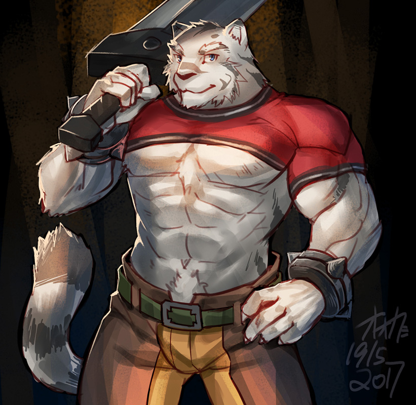 1boy, abs, animal_ears, bara, bare_pectorals, blue_eyes, bracelet, brown_pants, bulge, furry, furry_male, grey_fur, jewelry, large_pectorals, lrpanda00, male_focus, mercenary_(zero_kara_hajimeru_mahou_no_sho), muscular, navel, navel_hair, open_pants, over_shoulder, pants, pectorals, revealing_clothes, short_hair, shrug_(clothing), solo, spiked_bracelet, spikes, sword, sword_over_shoulder, tail, thick_thighs, thighs, tiger_boy, tiger_ears, tiger_tail, weapon, weapon_over_shoulder, zero_kara_hajimeru_mahou_no_sho
