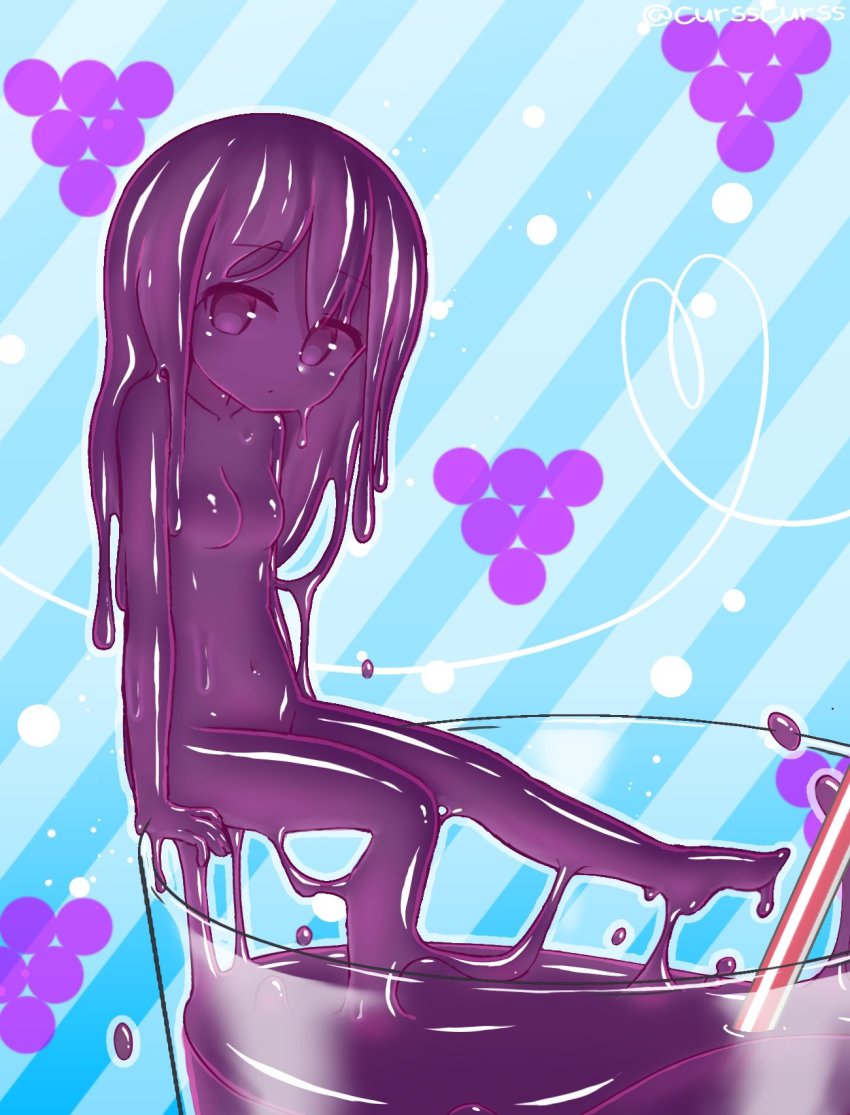 1girl, barefoot, breasts, closed_mouth, colored_sclera, colored_skin, cup, curss, drinking_straw, from_side, grape_juice, highres, in_container, in_cup, juice, long_hair, looking_at_viewer, mini_person, minigirl, monster_girl, navel, nude, original, outline, purple_eyes, purple_hair, purple_sclera, purple_skin, sitting, slime_girl, small_breasts, solo, twitter_username, white_outline