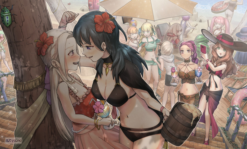 6+girls, against_wall, anachronism, annette_fantine_dominic, beer_mug, bernadetta_von_varley, bikini, breasts, cellphone, cocktail_glass, commentary_request, cup, dorothea_arnault, dorothea_arnault_(summer), drinking_glass, edelgard_von_hresvelg, female_byleth_(fire_emblem), female_byleth_(summer)_(fire_emblem), fire_emblem, fire_emblem:_three_houses, fire_emblem_heroes, flower, hair_flower, hair_ornament, hat, high_heel_sandals, high_heels, highres, hilda_valentine_goneril, ingrid_brandl_galatea, ingrid_brandl_galatea_(summer), kabedon, korokoro_daigorou, large_breasts, lysithea_von_ordelia, marianne_von_edmund, medium_breasts, mercedes_von_martritz, mug, multiple_girls, navel, nintendo, official_alternate_costume, petra_macneary, phone, rhea_(fire_emblem), rhea_(summer)_(fire_emblem), sandals, sarong, small_breasts, smartphone, smile, stairs, stomach, sun_hat, swimsuit, yuri