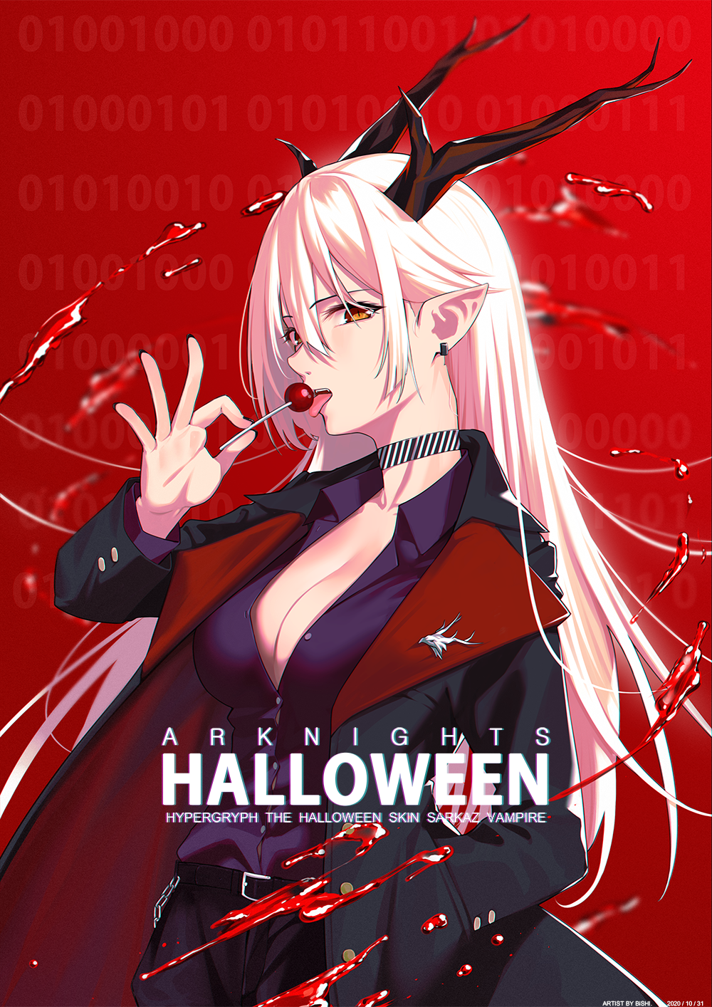 1girl, ambiguous_red_liquid, arknights, bishi_(bishi), black_jacket, breasts, brown_eyes, choker