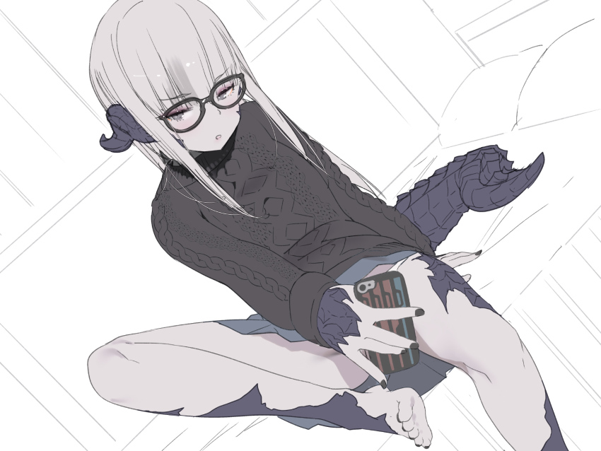1girl, au_ra, au_ra_xaela, barefoot, blonde_hair, cellphone, dragon_girl, dragon_tail, dutch_angle, feet, female_focus, final_fantasy, final_fantasy_xiv, glasses, highres, horns, kaede_(sayappa), long_hair, on_bed, partially_colored, phone, selfie, sitting, skirt, smartphone, solo, sweater, tail, toes