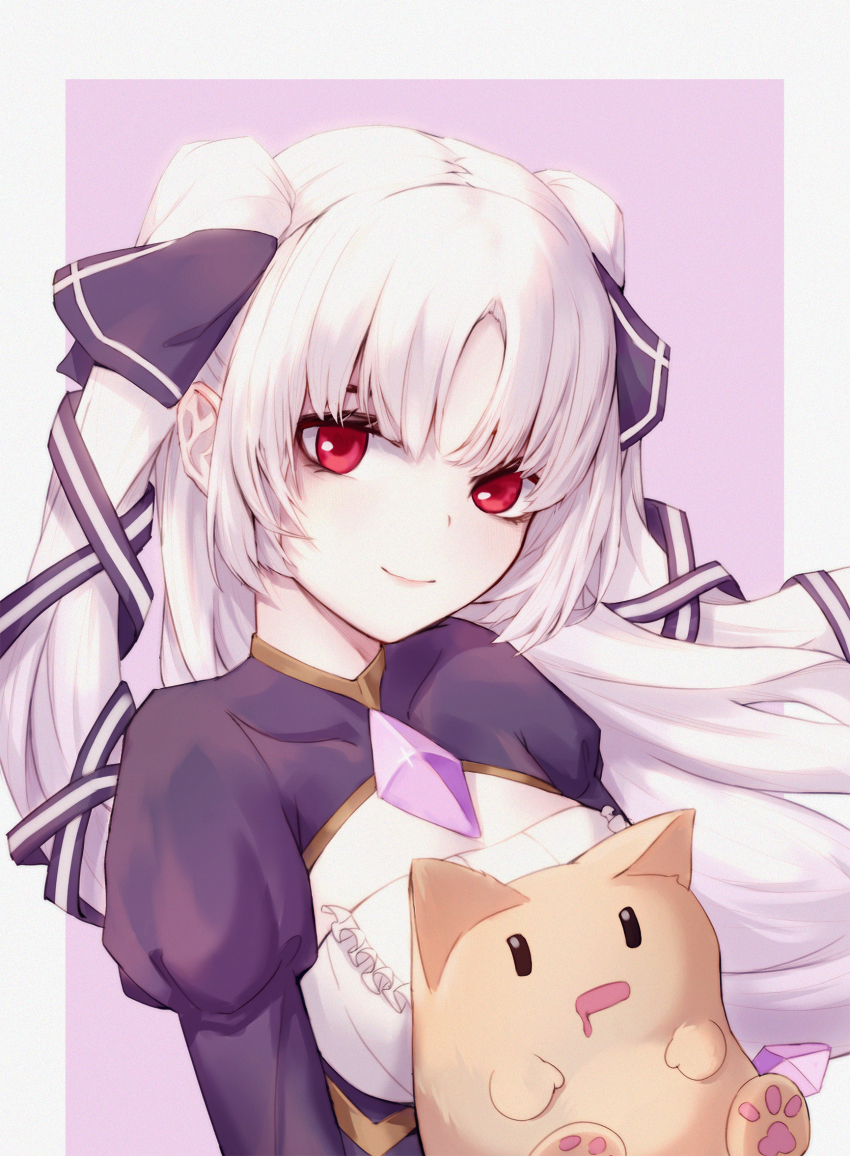 1girl, artia, chinese_commentary, corrupted_metadata, floating_hair, highres, holding, holding_stuffed_toy, hololive, hololive_china, long_hair, looking_at_viewer, red_eyes, solo, stuffed_toy, two_side_up, virtual_youtuber, white_hair, xigao_gao