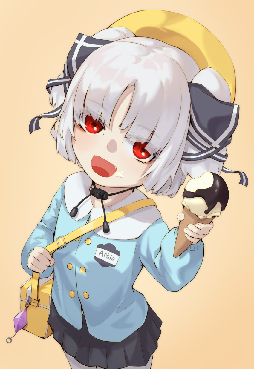 1girl, absurdres, aged_down, artia, character_name, chinese_commentary, corrupted_metadata, fangs, food, highres, holding, holding_food, hololive, hololive_china, ice_cream, looking_at_viewer, name_tag, open_mouth, red_eyes, school_uniform, solo, two_side_up, virtual_youtuber, white_hair, xigao_gao, yellow_background
