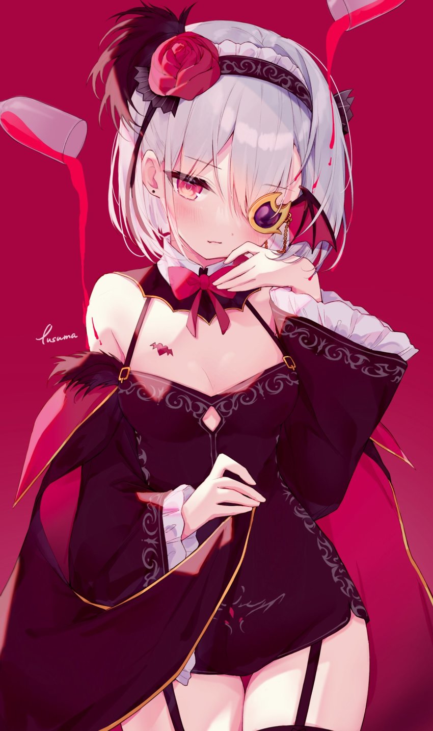 1girl, bad_id, bad_twitter_id, bare_shoulders, bat_wings, blush, breast_tattoo, breasts, cleavage, detached_sleeves, fusuma_(ramunezake), garter_straps, highres, izumi_kanagi, izumi_kanagi_(vampire_ver.), looking_at_viewer, magia_record:_mahou_shoujo_madoka_magica_gaiden, mahou_shoujo_madoka_magica, maid_headdress, medium_breasts, monocle, pink_eyes, short_hair, solo, tattoo, white_hair, wings