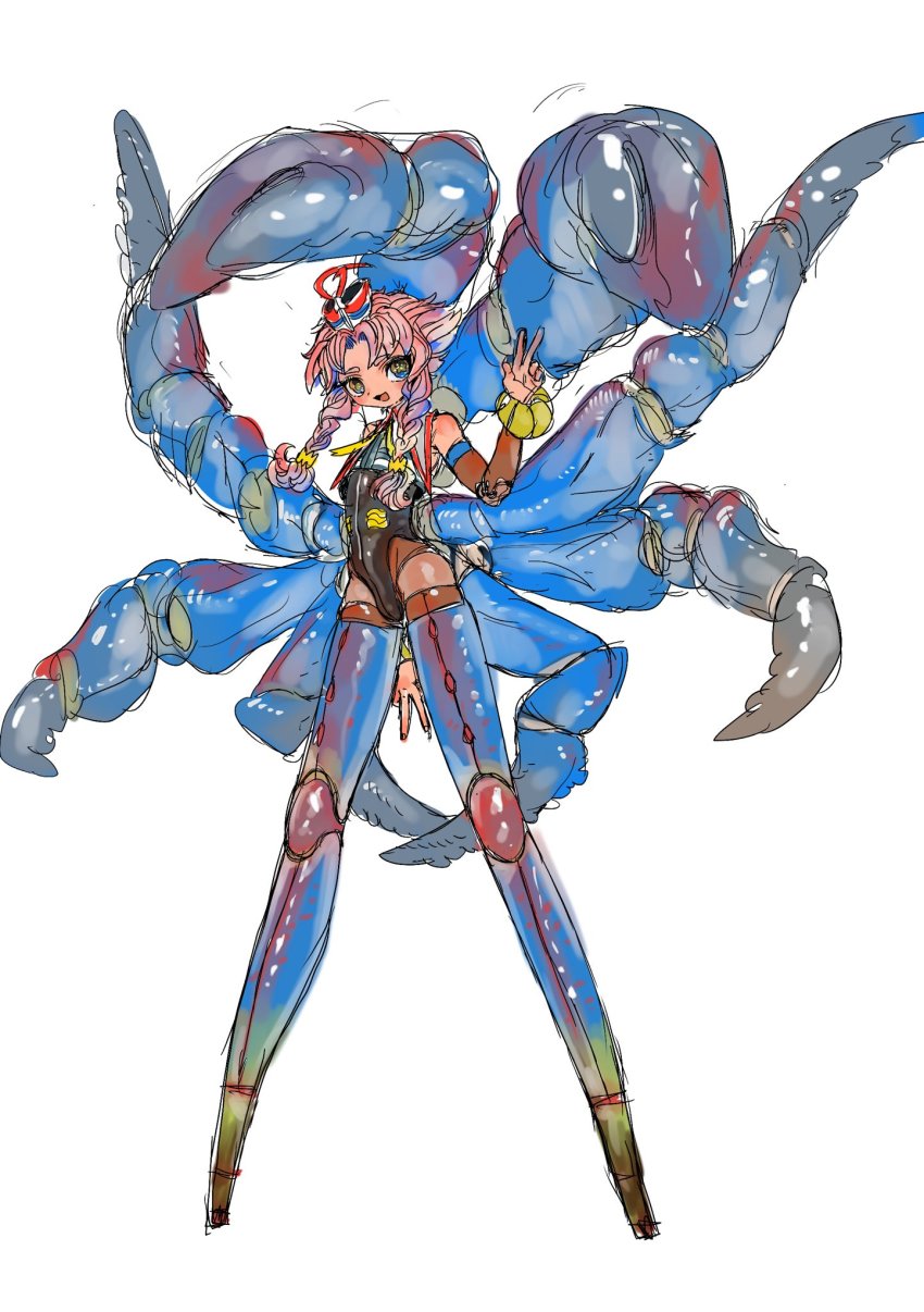 1boy, :d, arthropod_boy, black_leotard, braid, crab_boy, crab_claw, extra_arms