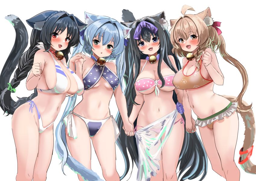 4girls, :d, animal_ear_fluff, animal_ears, aqua_eyes, arashio_(azur_lane), asashio_(azur_lane), azur_lane, bell, bikini, black_hair, blue_bikini, blue_hair, blush, braid, breasts, brown_eyes, brown_hair, cat_ears, cat_tail, cleavage, hair_ribbon, hey_taisyou, highres, holding_hands, large_breasts, long_hair, looking_at_viewer, medium_breasts, michishio_(azur_lane), multiple_girls, navel, ooshio_(azur_lane), open_mouth, paw_print, purple_eyes, red_eyes, ribbon, sarong, see-through_clothes, see-through_sarong, simple_background, smile, swimsuit, tail, twin_braids, twintails, very_long_hair, white_background