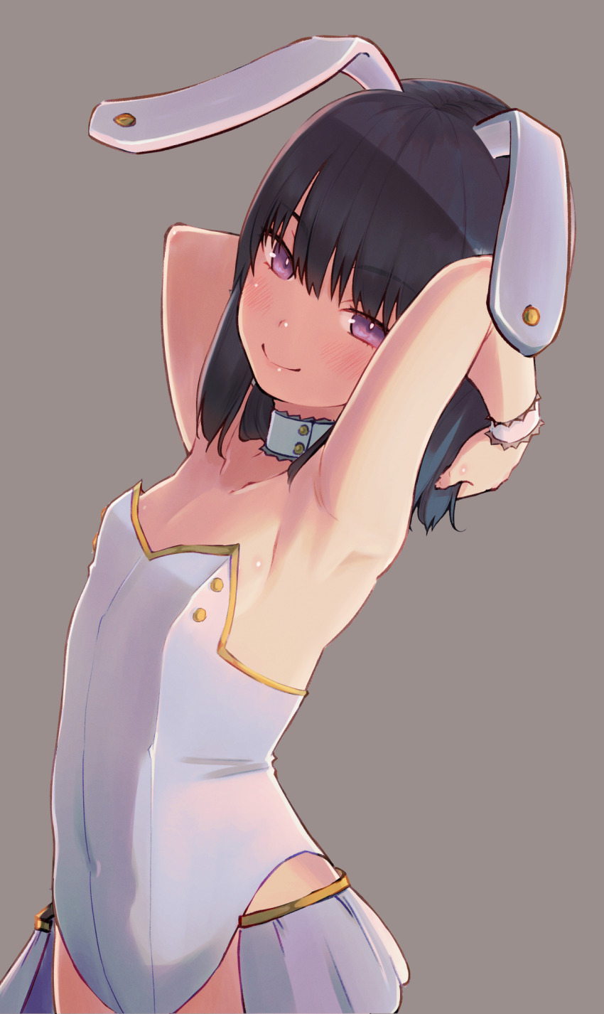 1girl, animal_ears, armpits, arms_behind_head, black_hair, blush, breasts, child, fake_animal_ears, grey_background, highres, himeragi_rinze, playboy_bunny, purple_eyes, rabbit_ears, reco_love, reco_love_gold_beach, saisho_no_nakama, simple_background, small_breasts, smile, solo, wrist_cuffs