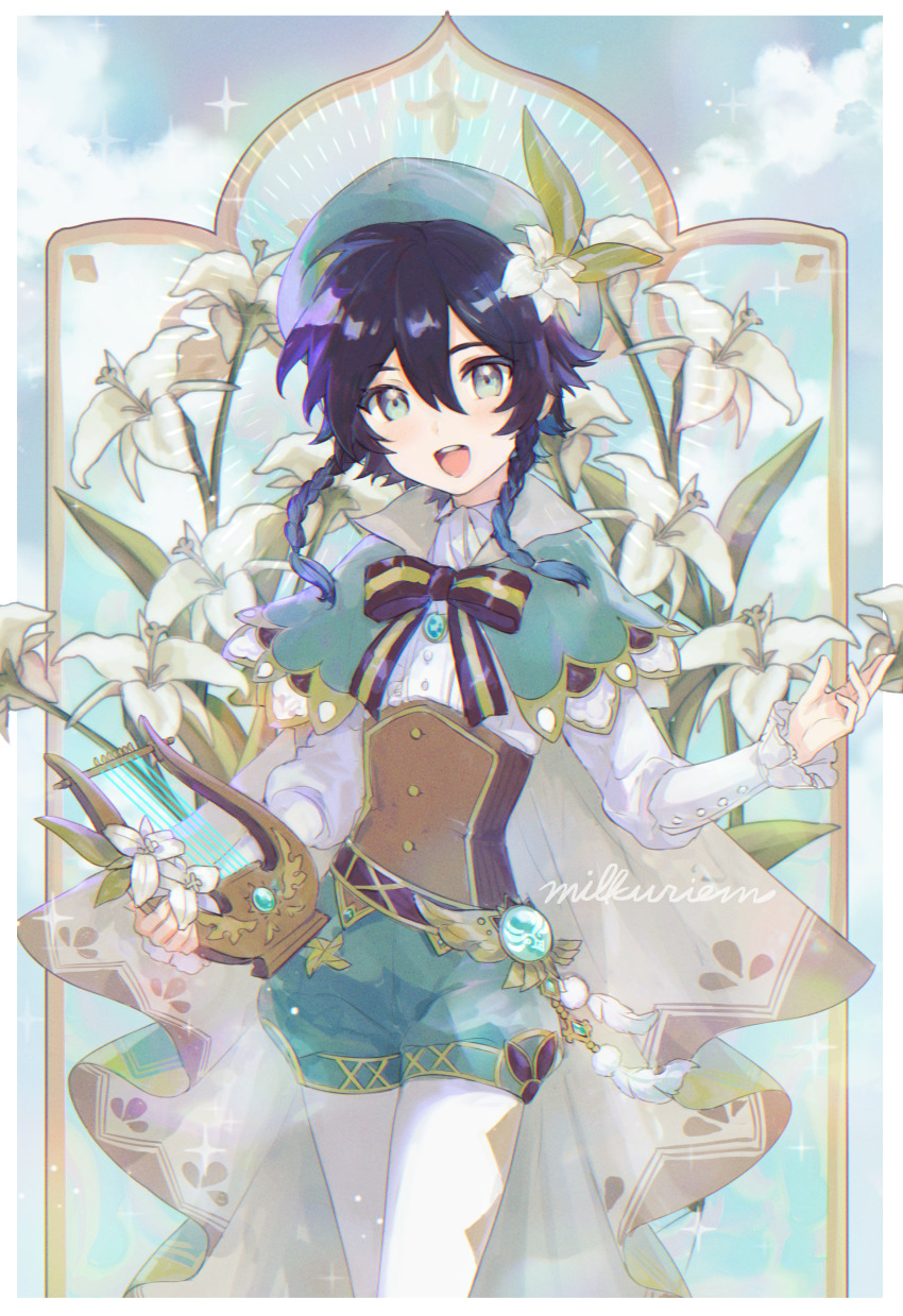 1boy, absurdres, anemo_(genshin_impact), bard, black_hair, blue_eyes, blue_hair, braid