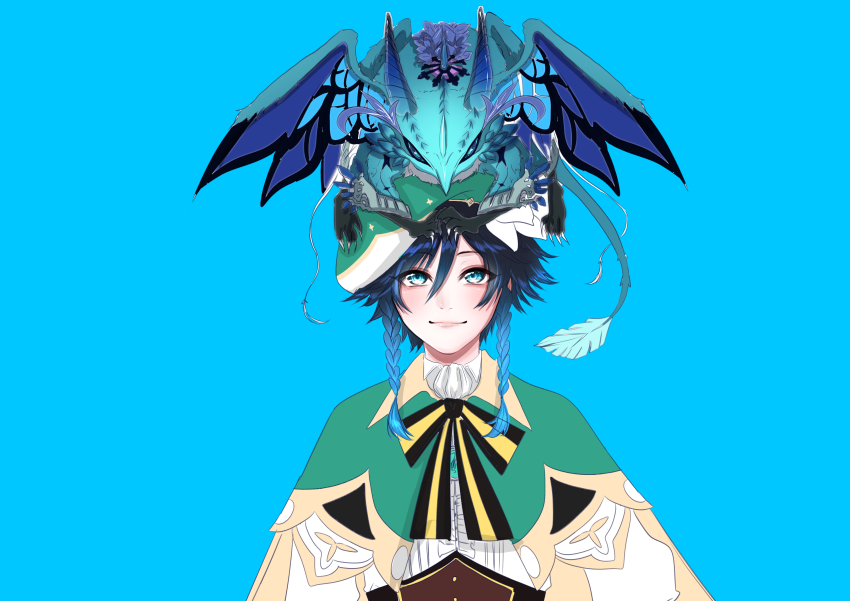 1boy, absurdres, animal, animal_on_head, bard, black_hair, blue_background, blue_eyes, blue_hair, braid, cape, dragon, dvalin_(genshin_impact), flower, genshin_impact, gradient_hair, green_hat, hair_flower, hair_ornament, hat, highres, long_sleeves, looking_at_another, looking_up, male_focus, multicolored_hair, okomejet, on_head, open_mouth, scales, shorts, simple_background, smile, solo, thighhighs, trap, twin_braids, venti_(genshin_impact), wings