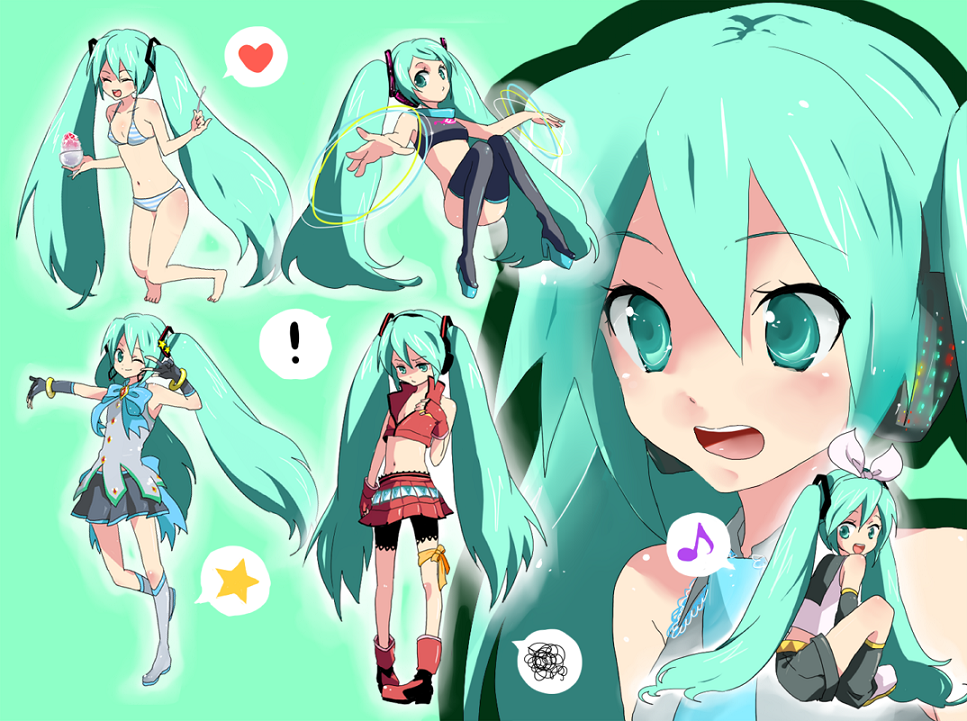 !, 1girl, aqua_eyes, aqua_hair, bad_id, bad_pixiv_id, bikini, boots, cosplay, female_focus, fingerless_gloves, gloves, hair_ribbon, hatsune_miku, hatsune_miku_(space_channel_39), hatsune_miku_(star_module), hatsune_miku_(swimwear), headphones, heart, kagamine_rin, kagamine_rin_(cosplay), legs, long_hair, meiko_(cosplay), meiko_(vocaloid), multiple_views, musical_note, project_diva, project_diva_(series), ribbon, skirt, smile, star_(symbol), swimsuit, thighhighs, twintails, vocaloid