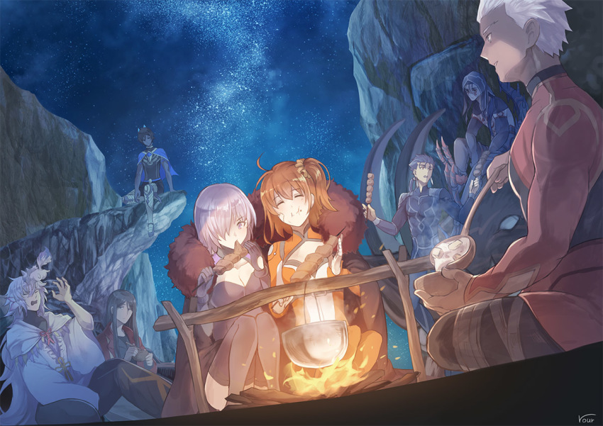 2girls, 6+boys, :t, archer_(fate), archer_(third_ascension)_(fate), arjuna_(fate), arjuna_alter_(fate), arjuna_alter_(third_ascension)_(fate), black_cape, black_hair, black_legwear, blue_bodysuit, blue_cape, blue_hair, bodysuit, brown_hair, cape, chaldea_combat_uniform, closed_eyes, cooking, creature, cu_chulainn_(fate), cu_chulainn_(lancer)_(fate), cu_chulainn_(third_ascension)_(fate), cu_chulainn_alter_(fate), cu_chulainn_alter_(fate/grand_order), demon_boar_(fate), eating, fate/grand_order, fate_(series), fire, food, food_on_face, fou_(fate), fujimaru_ritsuka_(female), fujimaru_ritsuka_(female)_(chaldea_combat_uniform), gloves, hair_ornament, hair_over_one_eye, hair_scrunchie, hood, ladle, long_hair, lord_el-melloi_ii, mash_kyrielight, merlin_(fate), monster, multiple_boys, multiple_girls, night, official_alternate_costume, outdoors, ponytail, purple_hair, ro_(pixiv34009774), scrunchie, short_hair, side_ponytail, sky, smile, star_(sky), starry_sky, thighhighs, waver_velvet, white_hair, yellow_scrunchie