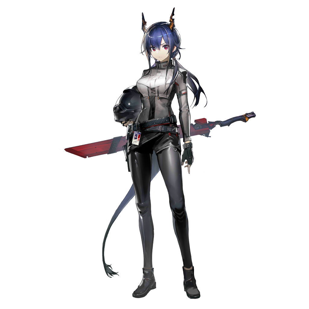 1girl, arknights, belt, black_gloves, black_shoes, black_shorts, blue_hair, breasts, carrying, ch'en_(arknights), chi_xiao_(arknights), covered_navel, cropped_jacket, dragon_horns, dragon_tail, fingerless_gloves, full_body, gloves, grey_shirt, helmet, horns, id_card, jacket, large_breasts, leggings, long_hair, long_sleeves, looking_at_viewer, low_twintails, motorcycle_helmet, official_art, red_eyes, sheath, sheathed, shirt, shoes, short_shorts, shorts, skin_tight, solo, spandex, spoilers, standing, sword, tail, transparent_background, twintails, v-shaped_eyebrows, weapon, weapon_on_back, white_jacket, yui_(niikyouzou)