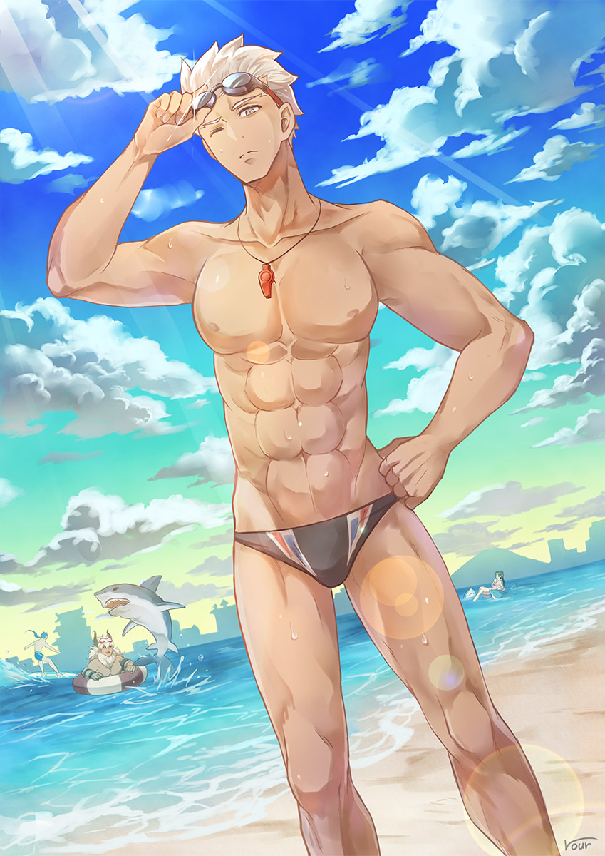 1girl, 3boys, archer_(black_swimmer)_(fate), archer_(fate), asterios_(fate), beach, black_male_swimwear, black_swim_briefs, blue_male_swimwear, blue_swim_trunks, closed_mouth, cloud, cowboy_shot, cu_chulainn_(fate), cu_chulainn_(lancer)_(fate), dutch_angle, fate/grand_order, fate/stay_night, fate_(series), goggles, grey_eyes, hand_on_own_hip, highres, horns, innertube, looking_at_viewer, male_focus, male_swimwear, multiple_boys, muscular, one_eye_closed, outdoors, ro_(pixiv34009774), shark, sky, summer, surfing, swim_briefs, swim_ring, swim_trunks, swimsuit, tan, tohsaka_rin, topless_male, water, wet, whistle, white_hair