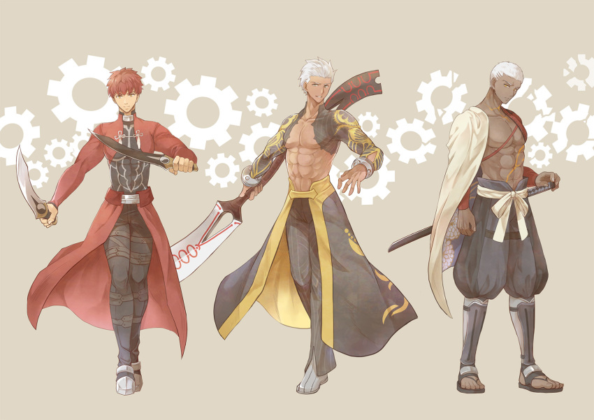 3boys, archer_(fate), archer_(fate)_(cosplay), bare_pectorals, beige_background, black_pants, bow, brown_hair, cape, cornrows, cosplay, costume_switch, dark-skinned_male, dark_skin, dual_wielding, emiya_alter, emiya_alter_(cosplay), emiya_shirou, expressionless, fate/grand_order, fate/stay_night, fate_(series), full_body, group_costume_switch, highres, holding, igote, kanshou_&amp;_bakuya_(fate), limited/zero_over, looking_at_viewer, male_focus, messy_hair, multiple_boys, pants, pectorals, ro_(pixiv34009774), sandals, senji_muramasa_(fate), senji_muramasa_(fate)_(cosplay), shoes, smile, standing, sword, waist_bow, weapon, white_cape, white_hair, yellow_eyes
