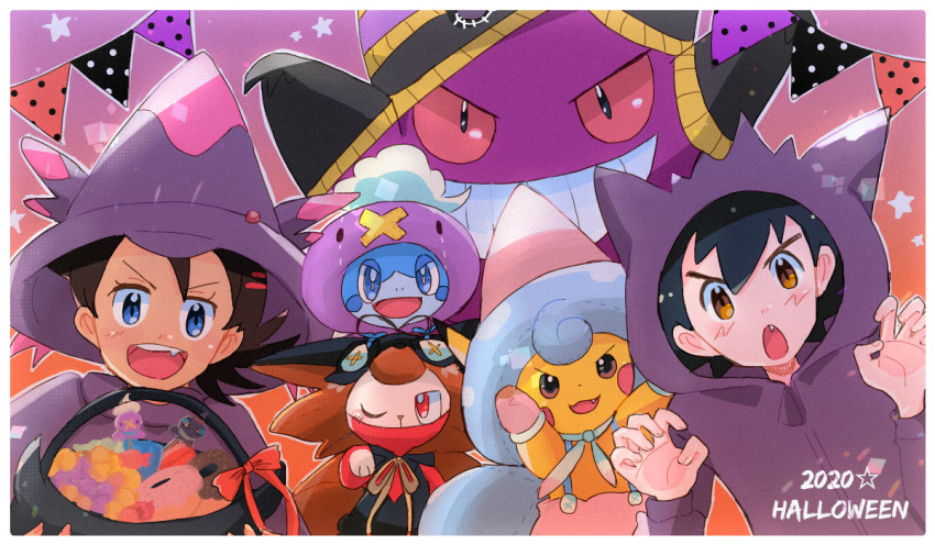 2boys, ash_ketchum, banette, black_hair, blue_eyes, blush, bow, brown_eyes