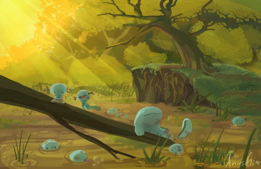 ani_(puniper), bubble, closed_mouth, commentary, english_commentary, gen_2_pokemon, grass, highres