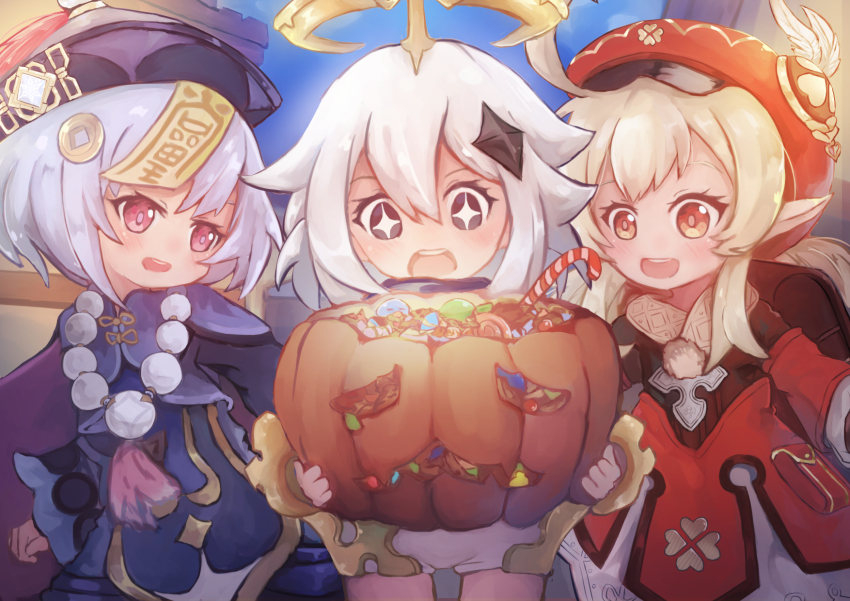 3girls, :d, ahoge, blue_eyes, candy, elxion, food, genshin_impact