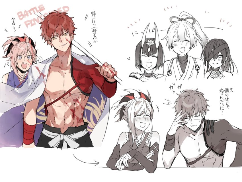 1boy, 3girls, blood, blood_splatter, blue_eyes, cape, closed_eyes, commentary_request, emiya_shirou, eyepatch, fate/grand_order, fate_(series), hand_on_own_face, holding, igote, japanese_clothes, laughing, limited/zero_over, medium_hair, miyamoto_musashi_(fate), miyamoto_musashi_(first_ascension)_(fate), mochizuki_chiyome_(fate), mochizuki_chiyome_(first_ascension)_(fate), multiple_girls, pink_hair, ponytail, red_hair, senji_muramasa_(fate), shuten_douji_(fate), simple_background, smile, sparkling_eyes, tomoe_gozen_(fate), tomoe_gozen_(first_ascension)_(fate), topless_male, translation_request, upper_body, waltz_(tram), white_background, yellow_eyes