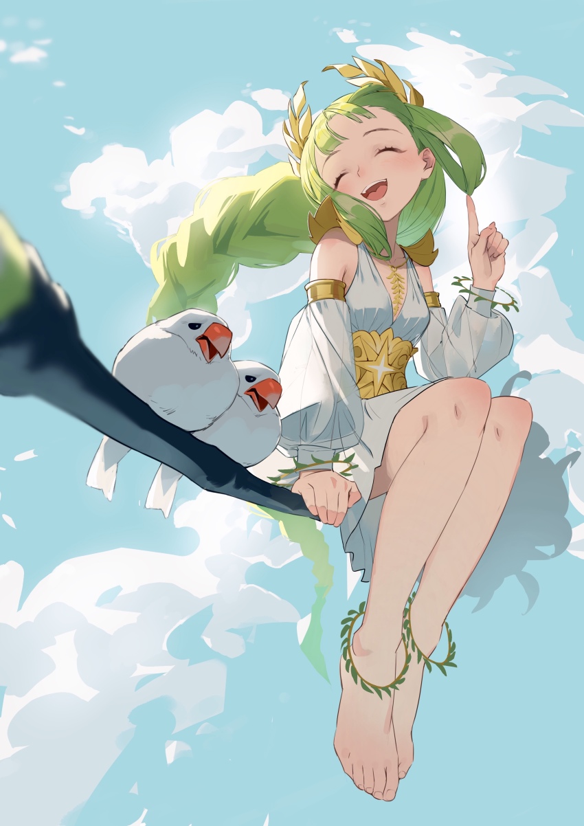 1girl, absurdres, afk_(series), afk_arena, anklet, bad_id, bad_pixiv_id, bare_legs, bare_shoulders, barefoot, bird, blunt_bangs, braid, braided_ponytail, broom, broom_riding, closed_eyes, cloud, detached_sleeves, dress, flying, green_hair, hair_rings, highres, jewelry, long_braid, long_hair, midorimura_naoki, necklace, ponytail, single_braid, sitting, sky, smile, solo, toes, very_long_hair