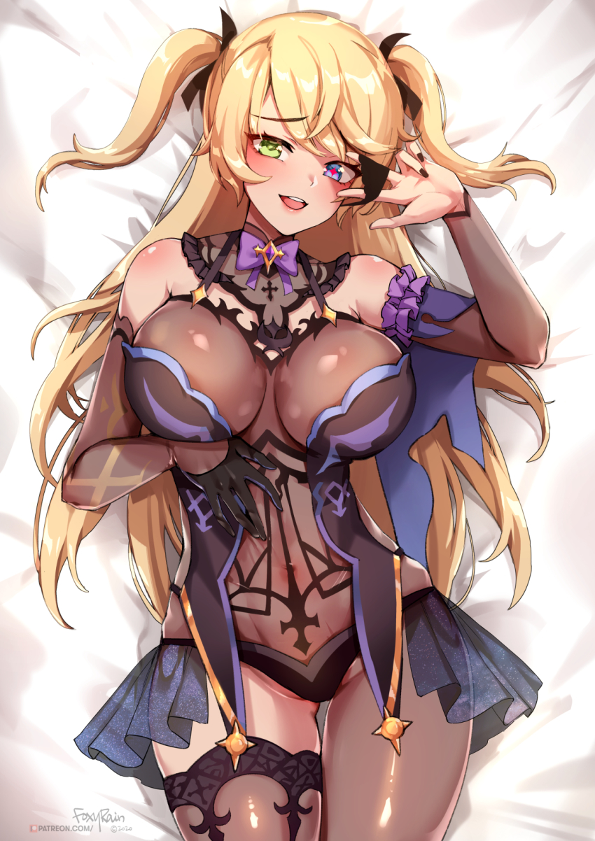 1girl, alternate_breast_size, bare_shoulders, bed_sheet, black_gloves, blonde_hair, blush, bodystocking, bow, bowtie, breasts, covered_navel, eyepatch, eyepatch_lift, fischl_(genshin_impact), fishnet_bodystocking, fishnets, foxyreine, garter_straps, genshin_impact, gloves, green_eyes, hair_ribbon, heart, heart-shaped_pupils, heterochromia, highres, large_breasts, looking_at_viewer, lying, on_back, open_mouth, purple_bow, purple_bowtie, purple_eyes, ribbon, single_glove, single_leg_pantyhose, single_thighhigh, smile, solo, symbol-shaped_pupils, thighhighs, two_side_up