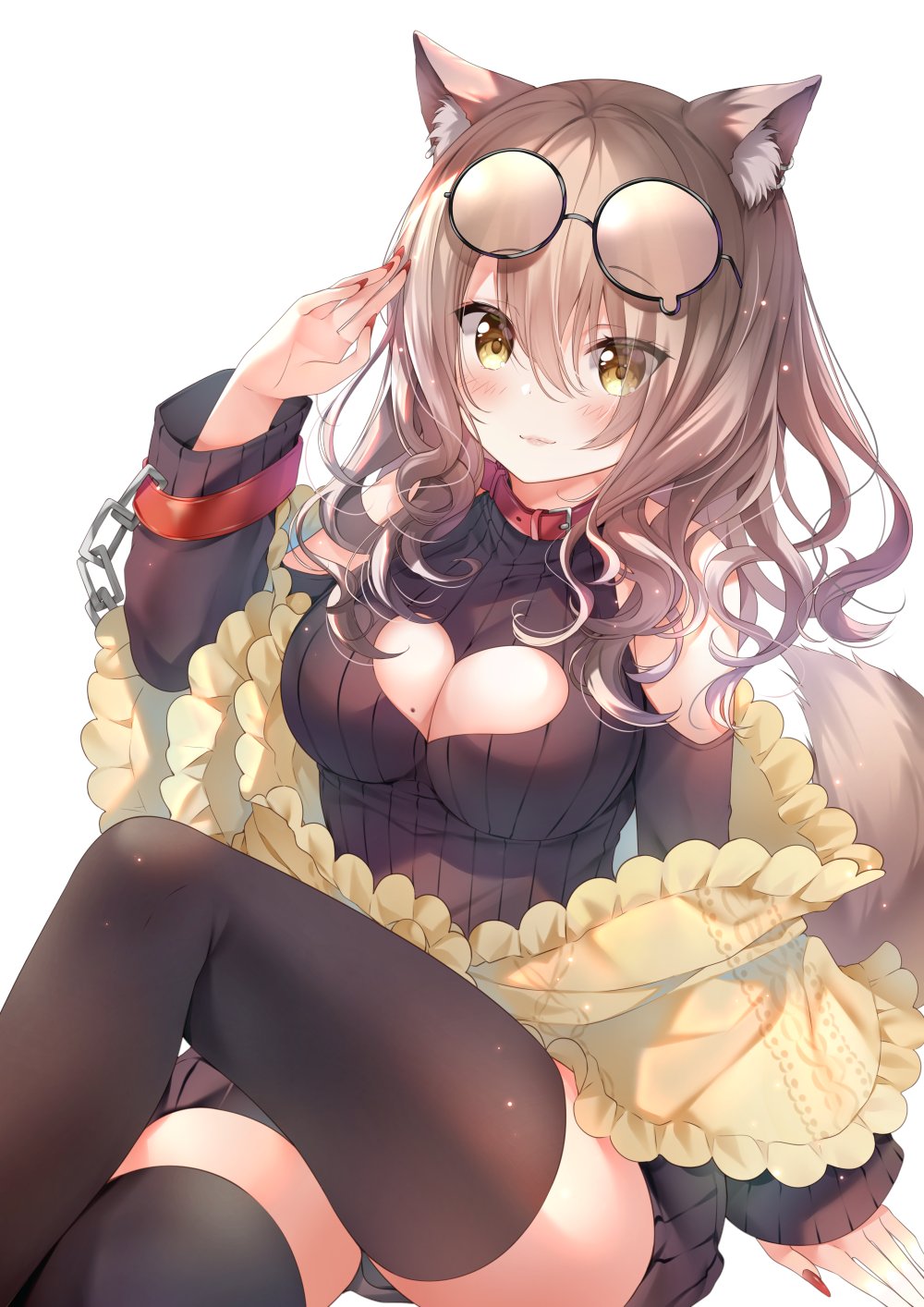 1girl, animal_ear_fluff, animal_ears, bare_shoulders, black_sweater, black_thighhighs, breasts, brown_hair