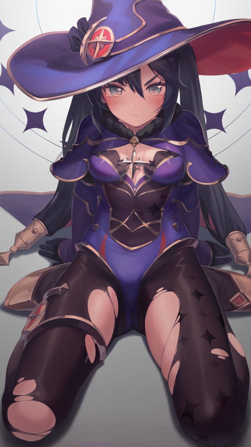 1girl, absurdres, annoyed, aqua_eyes, black_pantyhose, blue_leotard, blush, bodystocking, bodysuit, bodysuit_under_clothes, breasts, cape, covered_navel, full_body, fur_trim, genshin_impact, glaring, gluteal_fold, hair_ornament, half-closed_eyes, hat, hat_ornament, high_heels, highleg, highleg_leotard, highres, leotard, looking_at_viewer, mona_(genshin_impact), pantyhose, ponderogen, purple_hair, seiza, sitting, small_breasts, solo, star_(symbol), star_hair_ornament, star_hat_ornament, thigh_strap, thighs, torn_clothes, torn_pantyhose, twintails, witch_hat