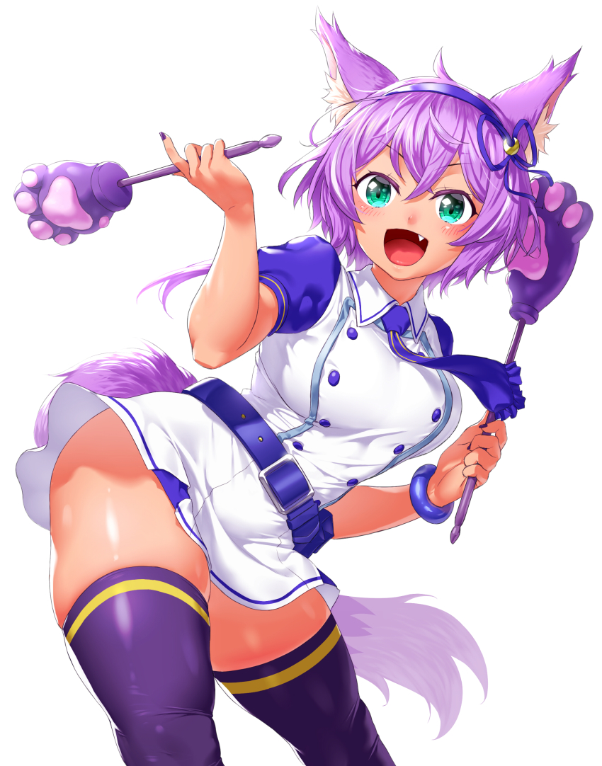 1girl, absurdres, animal_ear_fluff, animal_ears, animal_hands, belt, belt_buckle, blue_belt