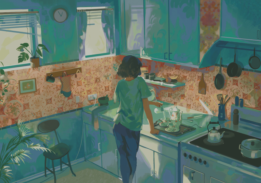 1other, ambiguous_gender, baseboard, blue_pants, cabinet, cable, chair, clock, commentary, cup, curtains, electrical_outlet, foot_out_of_frame, from_behind, frying_pan, green_shirt, highres, holding, holding_cup, indoors, kettle, kitchen, kitchen_hood, klegsart, knife, mortar_(bowl), original, oven_mitts, painting_(object), pants, plant, potted_plant, pouring, saucer, shirt, short_hair, short_sleeves, slice_of_life, spatula, stove, t-shirt, tea_set, teacup, teapot, tile_wall, tiles, tray, wall_clock, window, window_blinds
