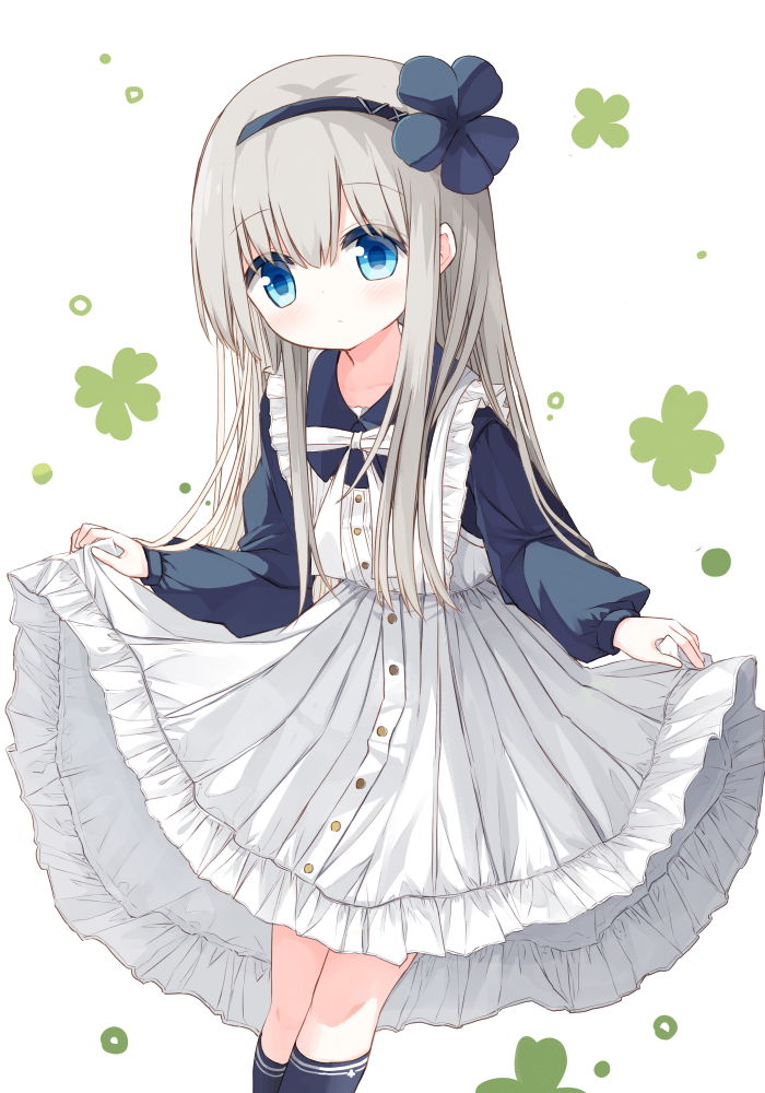 1girl, black_flower, black_hairband, black_shirt, black_socks, blue_eyes, blush, bow, closed_mouth, collared_shirt, dress, flower, frilled_dress, frills, grey_hair, hair_between_eyes, hair_flower, hair_ornament, hairband, healer_girl_(yuuhagi_(amaretto-no-natsu)), holding_own_dress, kneehighs, long_hair, long_sleeves, original, puffy_long_sleeves, puffy_sleeves, shirt, simple_background, sleeveless, sleeveless_dress, socks, solo, standing, very_long_hair, white_background, white_bow, white_dress, yuuhagi_(amaretto-no-natsu)