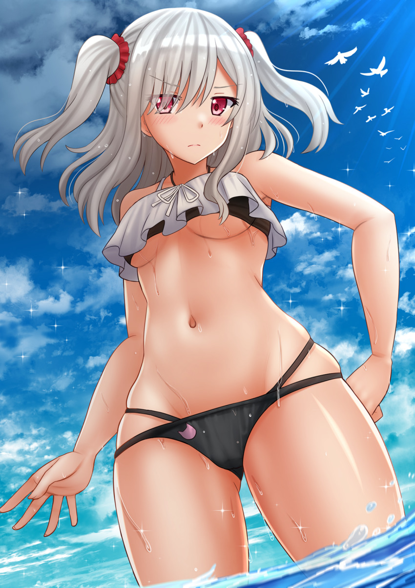 >:(, 1girl, animal, bare_arms, bare_shoulders, bikini, bird, black_bikini