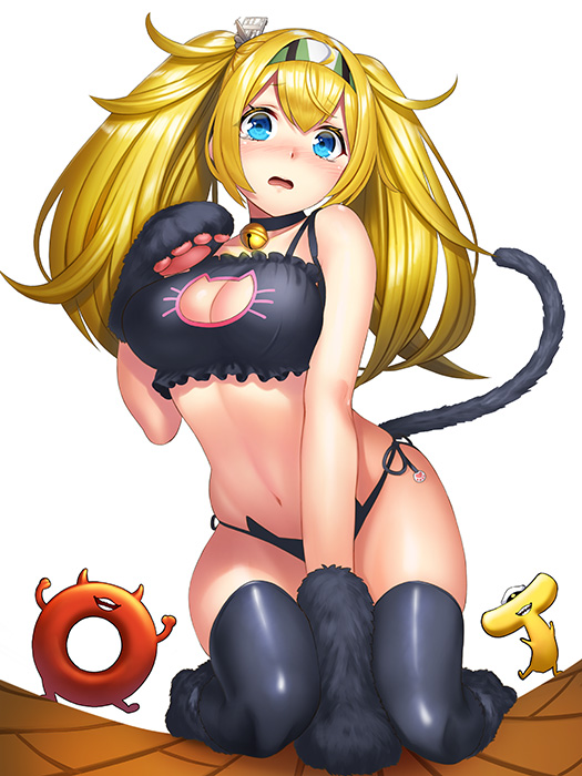 1girl, admiral_(kancolle), animal_hands, black_thighhighs, blonde_hair, blue_eyes, blush, bra