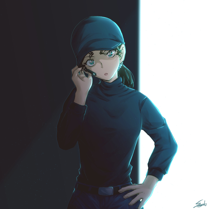 1girl, belt, belt_buckle, black_belt, black_hair, black_hat, black_sweater, blue_eyes