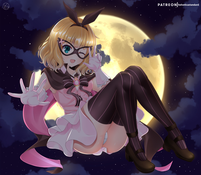 1girl, ;d, black-framed_eyewear, black_bow, black_footwear, black_hairband, black_thighhighs, blonde_hair