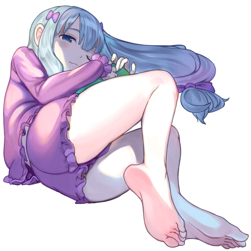 ;3, akira_tooru, bad_id, bad_pixiv_id, barefoot, blue_eyes, bow, closed_mouth, eromanga_sensei, foreshortening, full_body, hair_bow, half-closed_eyes, highres, izumi_sagiri, long_hair, long_sleeves, one_eye_closed, pink_bow, pink_shirt, pink_shorts, shirt, short_shorts, shorts, silver_hair, simple_background, smile, soles, solo, white_background