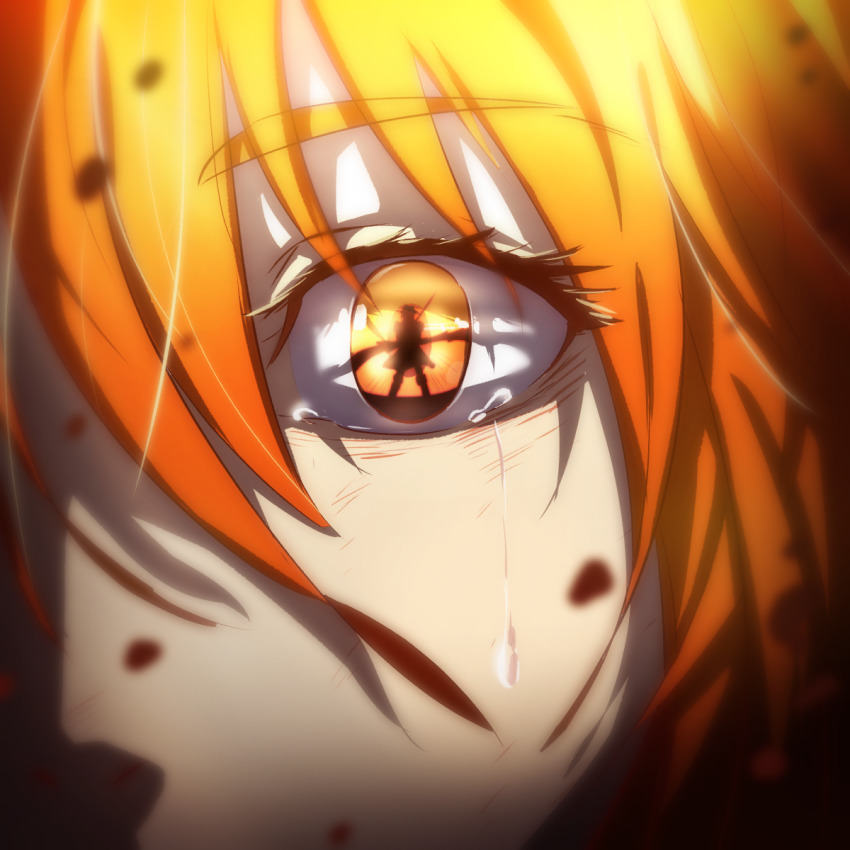 1girl, bcbcmmmmm, blurry, blurry_foreground, brown_eyes, close-up, eye_focus, fate/grand_order, fate_(series), fujimaru_ritsuka_(female), hair_between_eyes, highres, looking_at_viewer, orange_hair, solo, tears