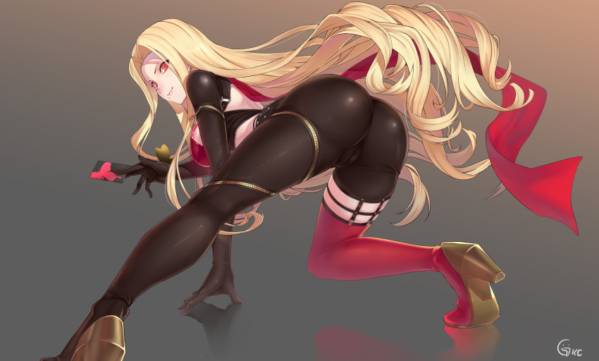 1girl, absurdres, ass, back, blonde_hair, blush, breasts, cameltoe