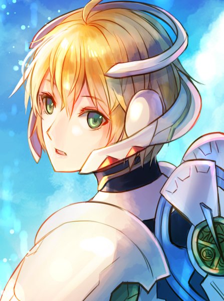 1girl, blonde_hair, cyborg, day, fiora_(xenoblade), green_eyes, looking_back, mecha-fiora