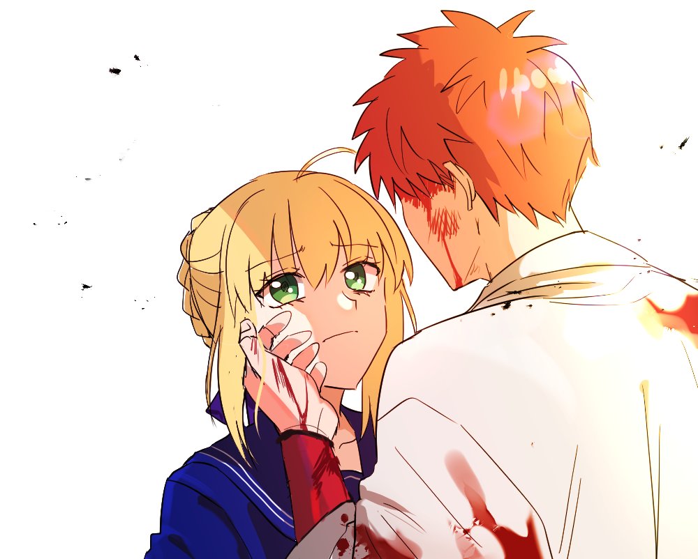 1boy, 1girl, ahoge, alternate_universe, appleale19, artoria_pendragon_(fate), blonde_hair, blood, blood_on_clothes, blood_on_face, blood_splatter, capsule_servant, emiya_shirou, facing_away, fate/grand_order, fate/stay_night, fate_(series), green_eyes, hand_on_another's_cheek, hand_on_another's_face, korean_commentary, limited/zero_over, master_artoria, red_hair, role_reversal, saber_(fate), sad, school_uniform, senji_muramasa_(fate), serafuku, simple_background, white_background