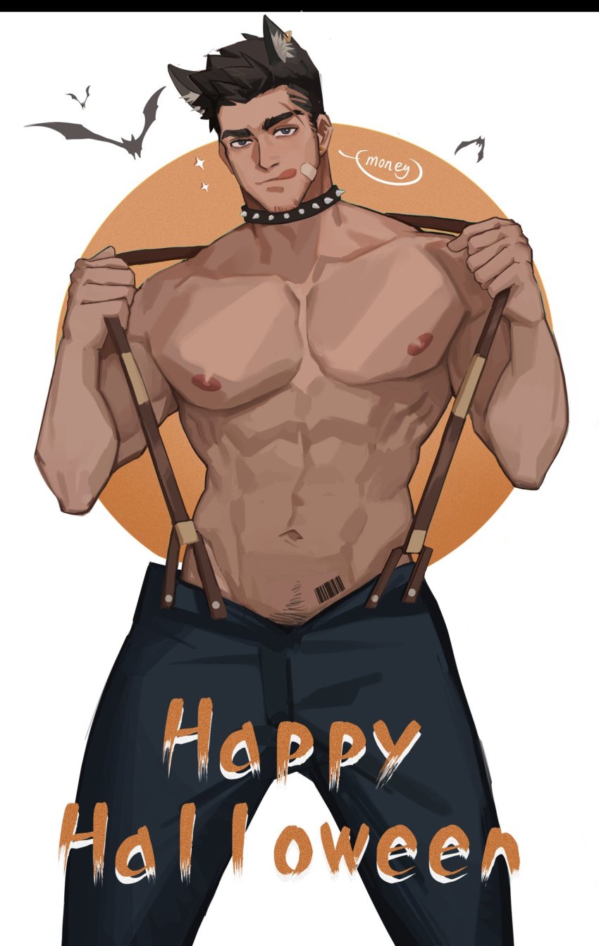 1boy, abs, animal_costume, animal_ears, bandaid, bandaid_on_face, bara, bat_(animal), black_hair, collar, denim, english_text, facial_hair, feet_out_of_frame, halloween, halloween_costume, happy_halloween, highres, jeans, jiecaoxiong, large_pectorals, licking_lips, male_focus, muscular, navel, navel_hair, nipples, open_pants, original, pants, pectorals, topless_male, short_hair, sideburns, solo, spiked_collar, spikes, stubble, suspenders, tongue, tongue_out, trick_or_treat, werewolf, wolf_boy, wolf_costume, wolf_ears