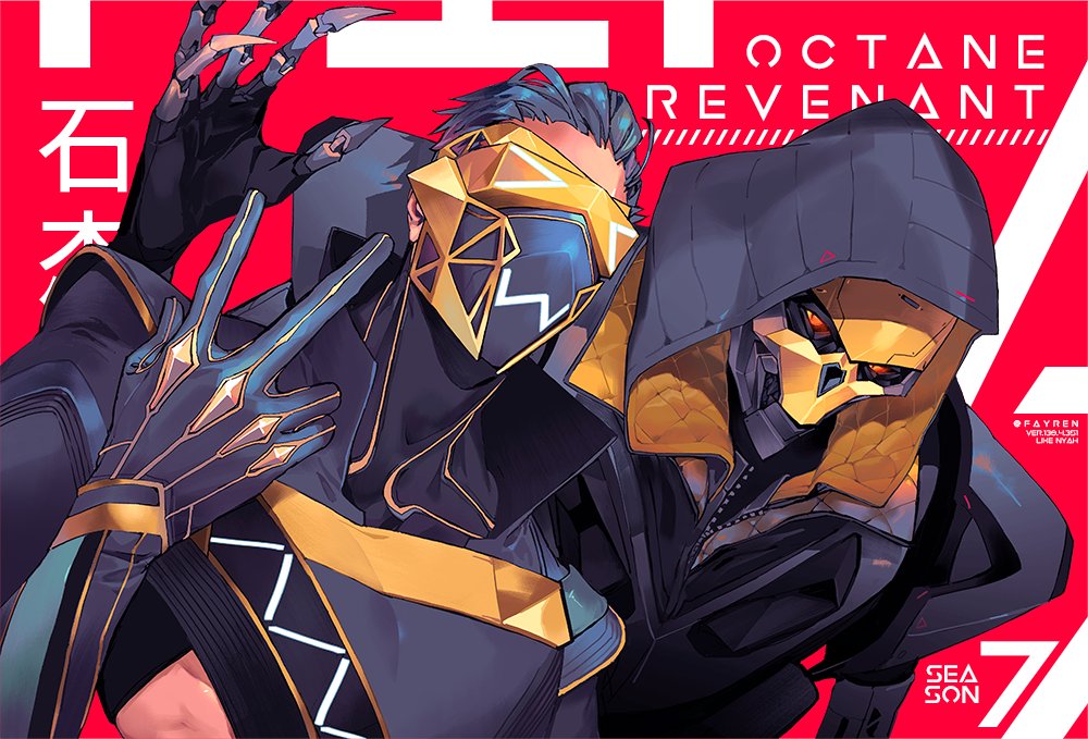 >_<, 2boys, artist_name, character_name, commentary, deathproof_revenant, english_commentary, fast_fashion_octane, humanoid_robot, looking_at_viewer, looking_to_the_side, male_focus, multiple_boys, octane_(apex_legends), open_hand, red_eyes, revenant_(apex_legends), robot, sarah_stone, v, visor