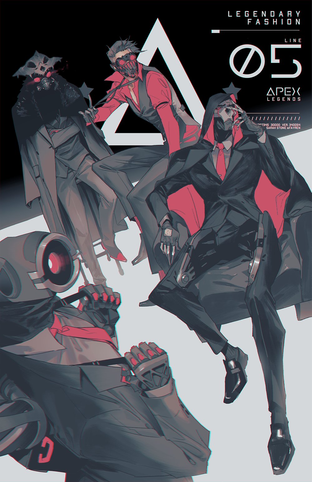 4boys, apex_legends, bangalore_(apex_legends), bloodhound_(apex_legends), commentary, copyright_name, crossed_arms, deathproof_revenant, english_commentary, formal_clothes, glowing, glowing_eyes, goggles, highres, looking_at_viewer, looking_to_the_side, mask, mouth_mask, multiple_boys, octane_(apex_legends), pathfinder_(apex_legends), red_eyes, revenant_(apex_legends), robot, sarah_stone, science_fiction, sitting, suit, young_blood_bloodhound