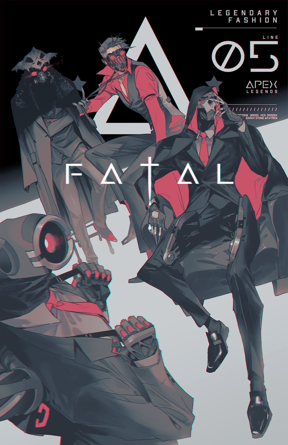 4boys, apex_legends, bangalore_(apex_legends), bloodhound_(apex_legends), commentary, copyright_name, crossed_arms, deathproof_revenant, english_commentary, formal_clothes, glowing, glowing_eyes, goggles, highres, looking_at_viewer, looking_to_the_side, mask, mouth_mask, multiple_boys, octane_(apex_legends), pathfinder_(apex_legends), red_eyes, revenant_(apex_legends), robot, sarah_stone, science_fiction, sitting, young_blood_bloodhound