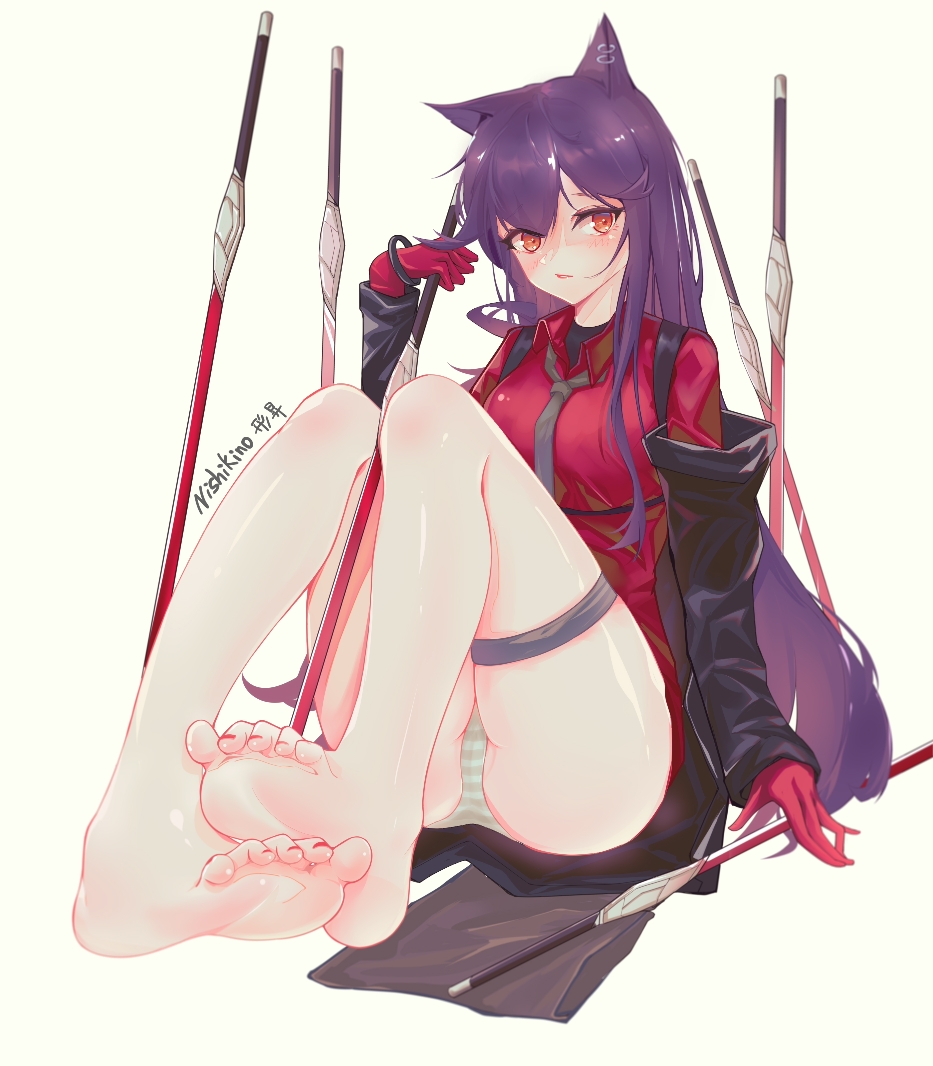 1girl, animal_ears, arknights, artist_name, barefoot, black_jacket, black_necktie, brown_eyes, chinese_commentary, commentary_request, ear_piercing, feet, foot_focus, foreshortening, gloves, jacket, katachi_noboru_nishikino, legs, long_hair, long_sleeves, looking_at_viewer, loose_necktie, nail_polish, necktie, off-shoulder_jacket, off_shoulder, official_alternate_costume, panties, piercing, purple_hair, red_gloves, red_nails, red_shirt, shirt, simple_background, sitting, soles, solo, striped_clothes, striped_panties, texas_(arknights), texas_(willpower)_(arknights), thigh_strap, toenail_polish, toenails, underwear, white_background